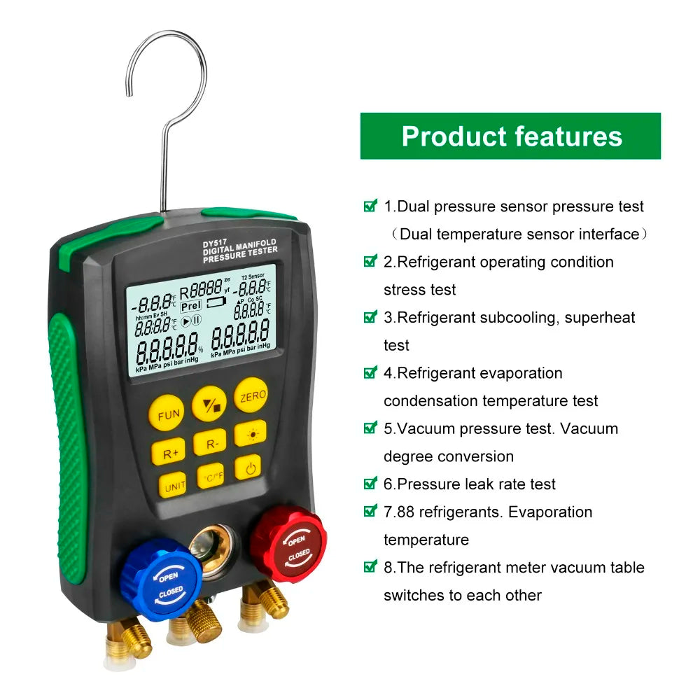 DY517A Pressure Gauge Refrigeration Digital Vacuum Pressure Manifold Tester Meter HVAC Temperature Tester Valve Tool Kit