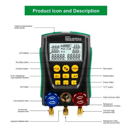 DY517A Pressure Gauge Refrigeration Digital Vacuum Pressure Manifold Tester Meter HVAC Temperature Tester Valve Tool Kit