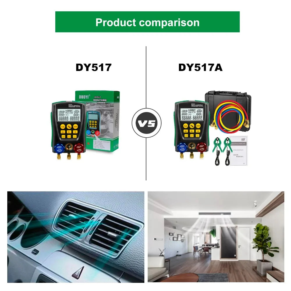 DY517A Pressure Gauge Refrigeration Digital Vacuum Pressure Manifold Tester Meter HVAC Temperature Tester Valve Tool Kit